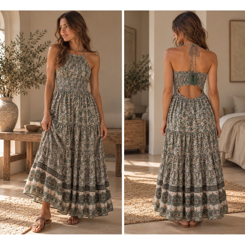 In Loom Floral Halter Maxi Dress Green Smocked Back Cutout Tassel Boho Medium